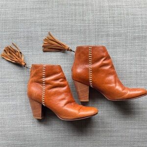 ULLA JOHNSON BOOTS. Caramel leather with tassels on zipper. Size 38 (US 8)